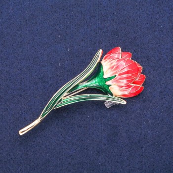 Brooch Pendant Flower red and green enamel, gold-tone metal 30x70mm