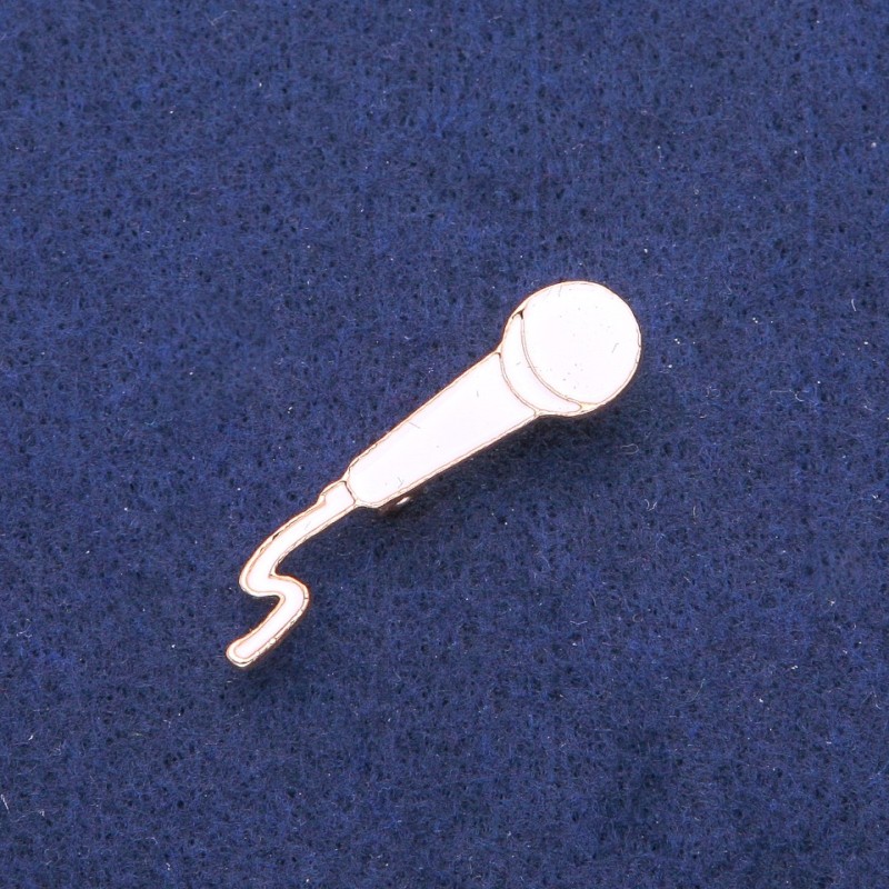 Microphone Brooch, White Enamel, Gold-Tone Metal, 10x41mm