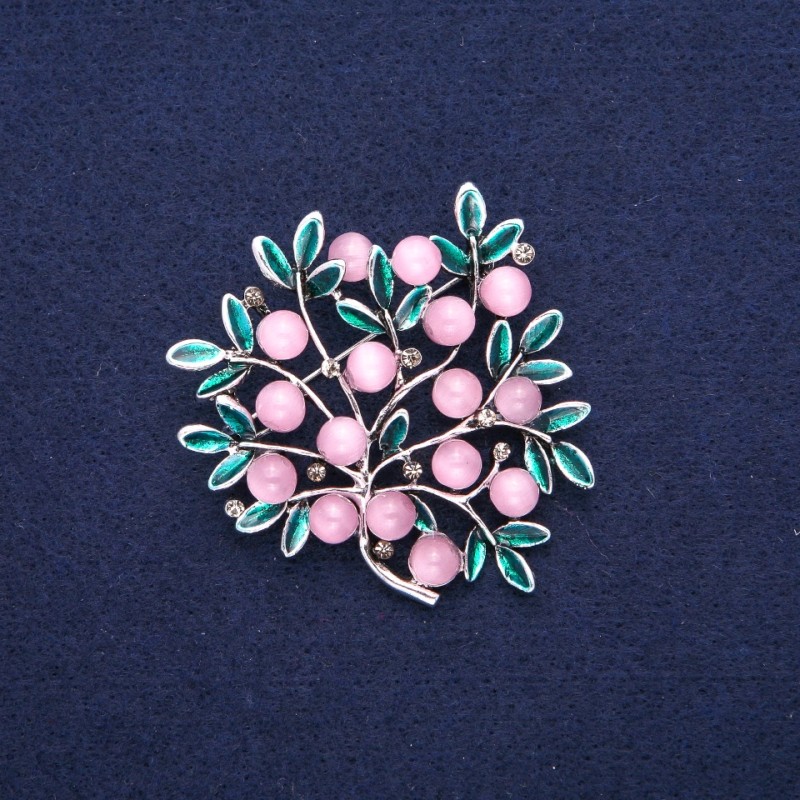 Brooch Twig with Pink Cat's Eye green enamel, silver-tone metal 51x53mm