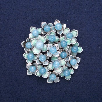 Brooch Flowers with Aquamarine, blue enamel, silver-toned metal 60x62mm