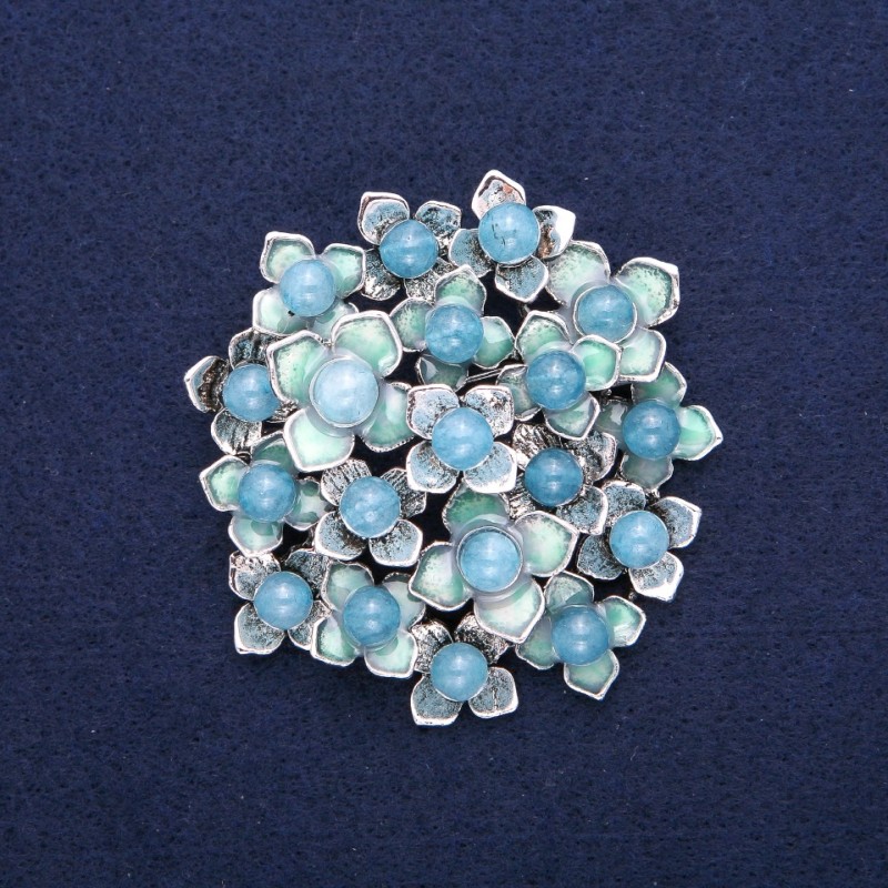 Brooch Flowers with Aquamarine, blue enamel, silver-toned metal 60x62mm