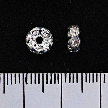 Separate spacer rondelle with white rhinestones, metal colour silver, 6mm, 100pcs / pack