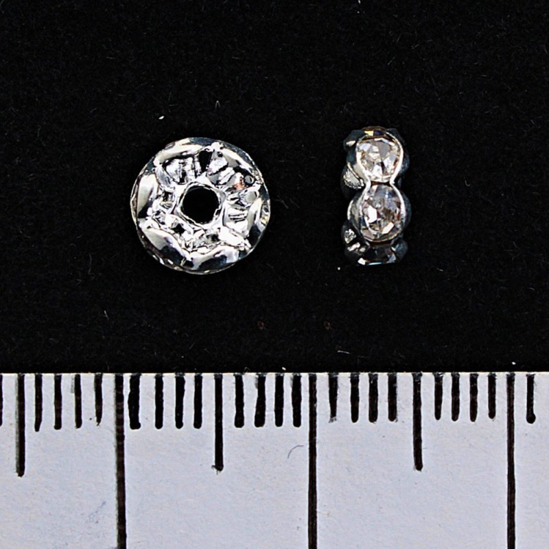 Separate spacer rondelle with white rhinestones, metal colour silver, 6mm, 100pcs / pack