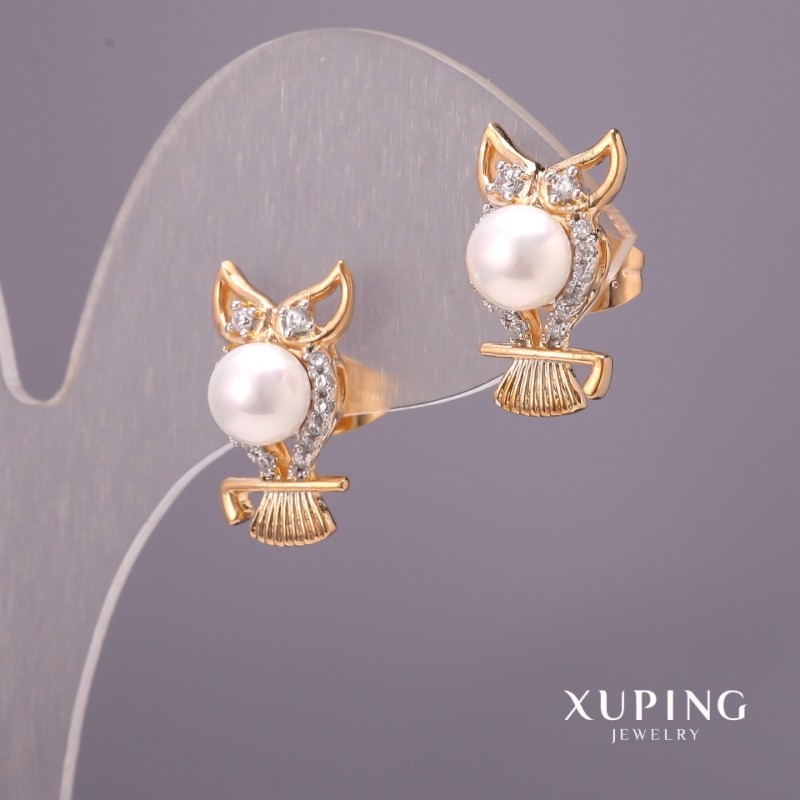 Xuping Earrings with Majorca Pearls and White Stones "Owl" 9x17mm 18K Gold Plating