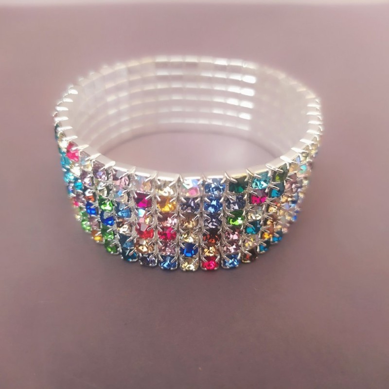 Six-Row Stretch Bracelet with Multicoloured Rhinestones, Summer Style, 17cm Circumference