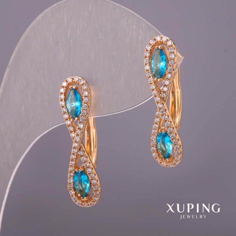 Xuping Earrings with White Rhinestones and Blue Stones 6x25mm 18K Gold Plated