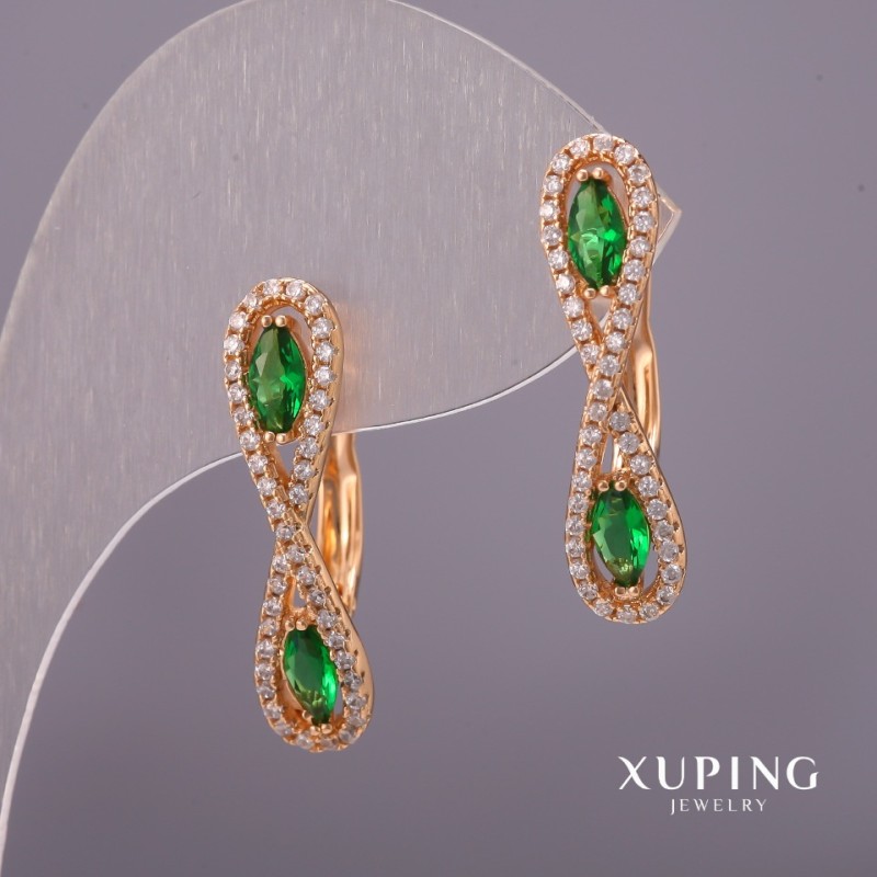 Xuping Earrings with White Rhinestones and Green Stones 6x25mm 18K Gold Plated
