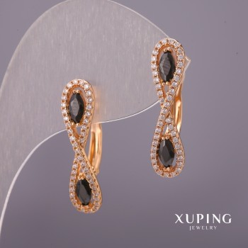 Xuping Earrings with White Rhinestones and Black Stones 6x25mm 18K Gold Plated