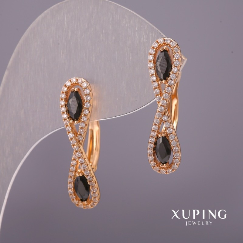 Xuping Earrings with White Rhinestones and Black Stones 6x25mm 18K Gold Plated