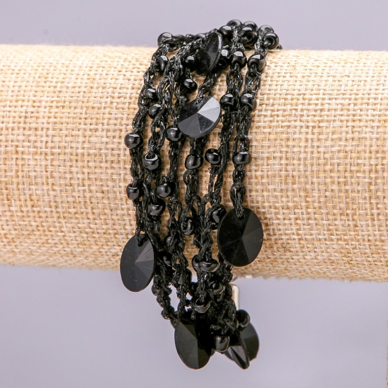 Bracelet with Metal Carabiner Clasp on Chain, Macrame Cord, Black Faceted Round Stones
