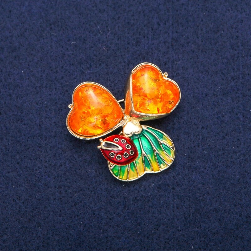 Ladybird Brooch Pendant with Amber (Imitation) Cabochons, Enamel, Gold-Tone Metal 35x37mm