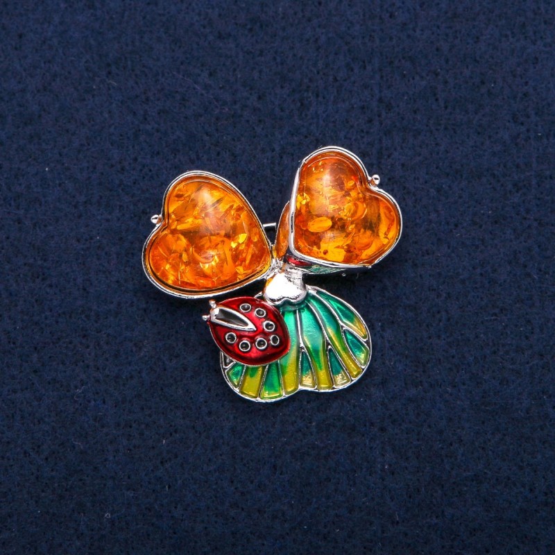 Ladybird Brooch Pendant with Amber (Imitation) Cabochons, Enamel, Silver-Tone Metal 35x37mm