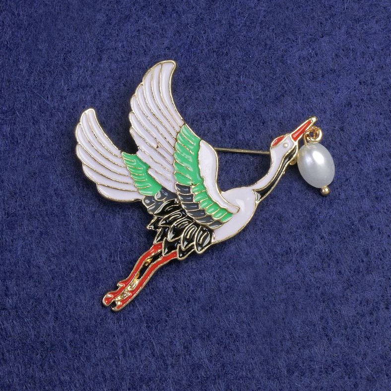 Stork Brooch, Enamel, 50x33mm, Gold-tone Metal
