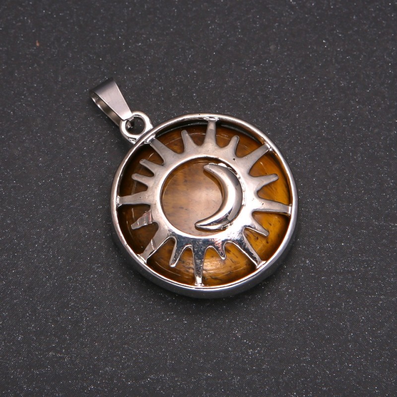 Natural Stone Tiger's Eye Pendant in "Sun" Setting, 27mm Diameter