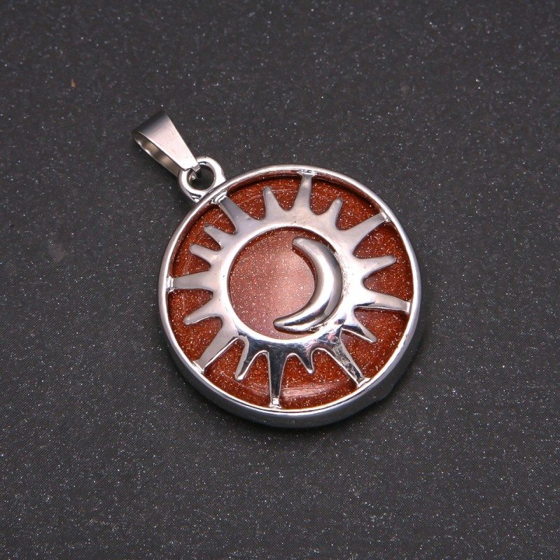 Natural Golden Sand Aventurine Pendant in "Sun" Setting, 27mm diameter