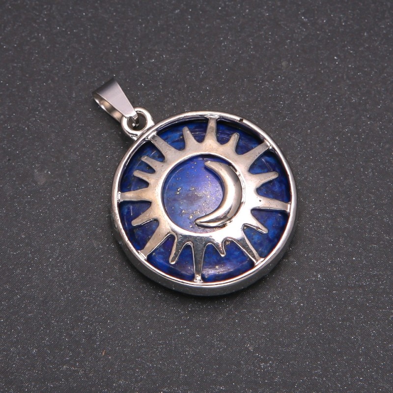 Natural Lapis Lazuli Stone Pendant in "Sun" Setting, 27mm diameter