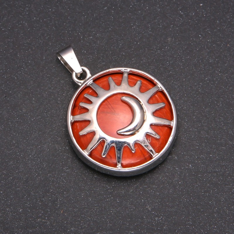 Natural Red Jasper Pendant in "Sun" Setting, 27mm diameter