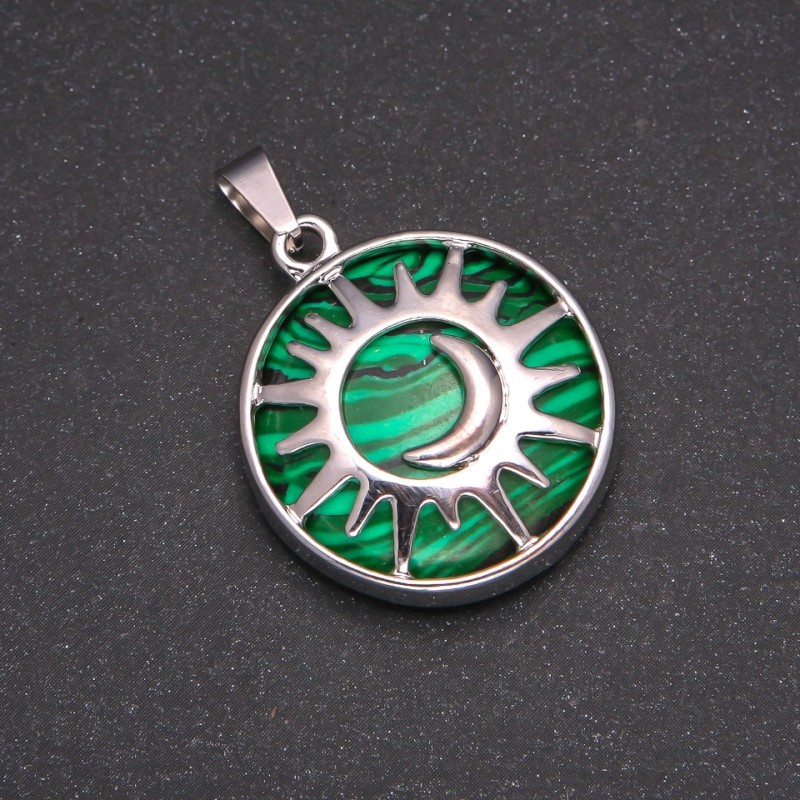 Natural Malachite Pendant in "Sun" Setting, 27mm diameter