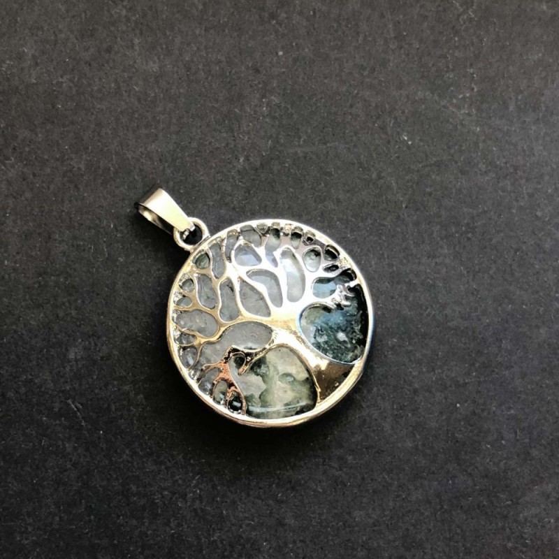 Pendant made of natural Moss Agate stone in a "Tree" setting, diameter 27mm