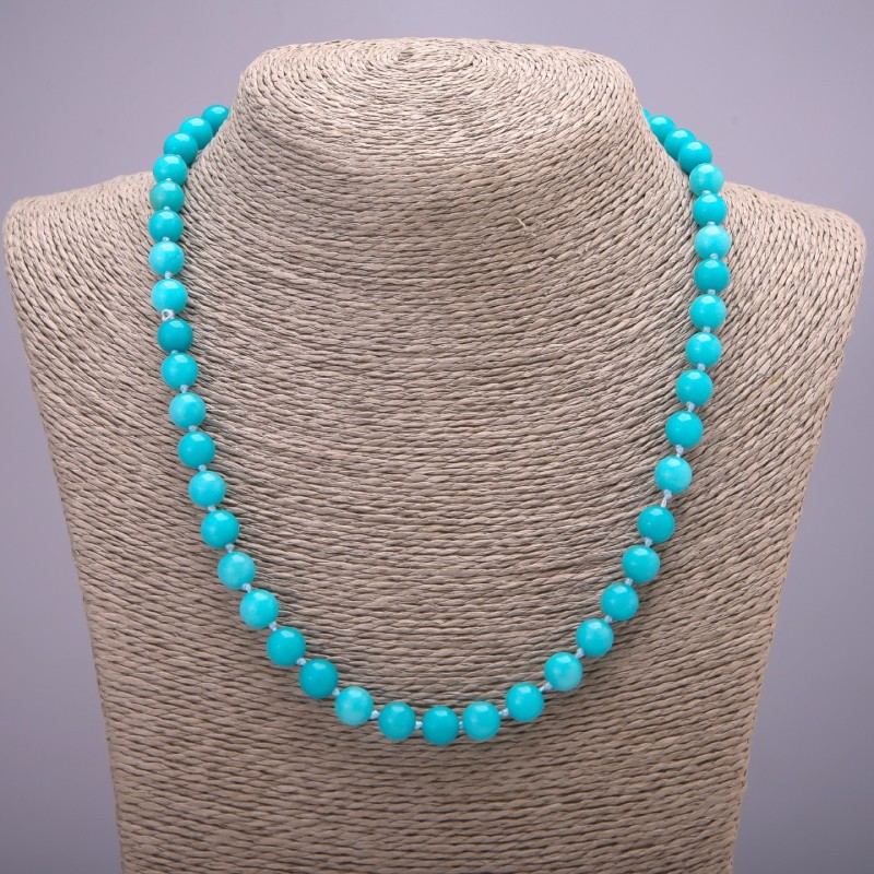 Aquamarine Stone Necklace, Smooth Round Bead, Diameter 8mm, Length 48cm