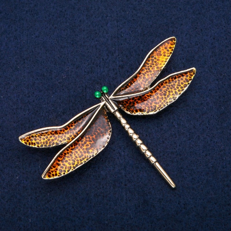Dragonfly Brooch, Orange Enamel, Silver-Tone Metal 47x76mm