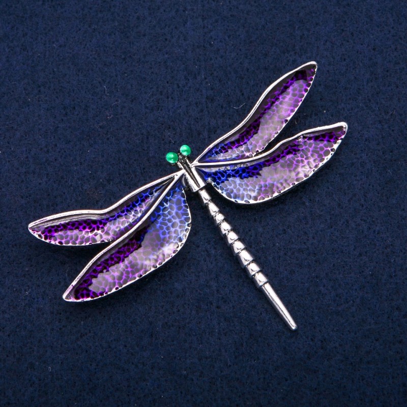 Dragonfly Brooch, Purple Enamel, Silver-Tone Metal, 47x76mm