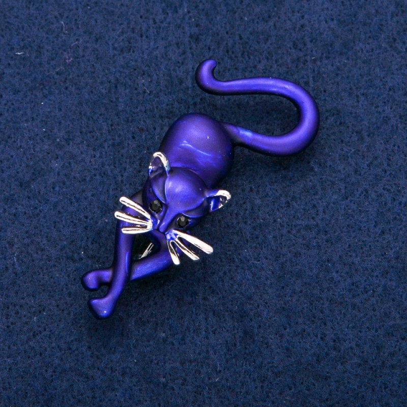 Kitten Brooch, Blue Enamel, Silver-Tone Metal, 25x55mm