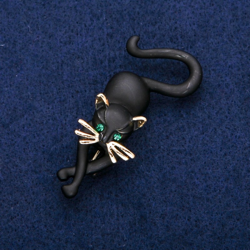 Cat Brooch, Black Enamel, Gold-Tone Metal, 25x55mm