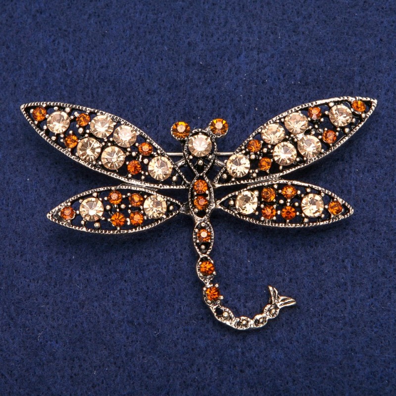 Sale! Dragonfly Brooch with Yellow Crystals, Gold-Tone Metal 45x74mm