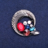 Sale! Round "Halo" Brooch with Rhinestones Forming a Beautiful Design, Dark Metal 45x50mm