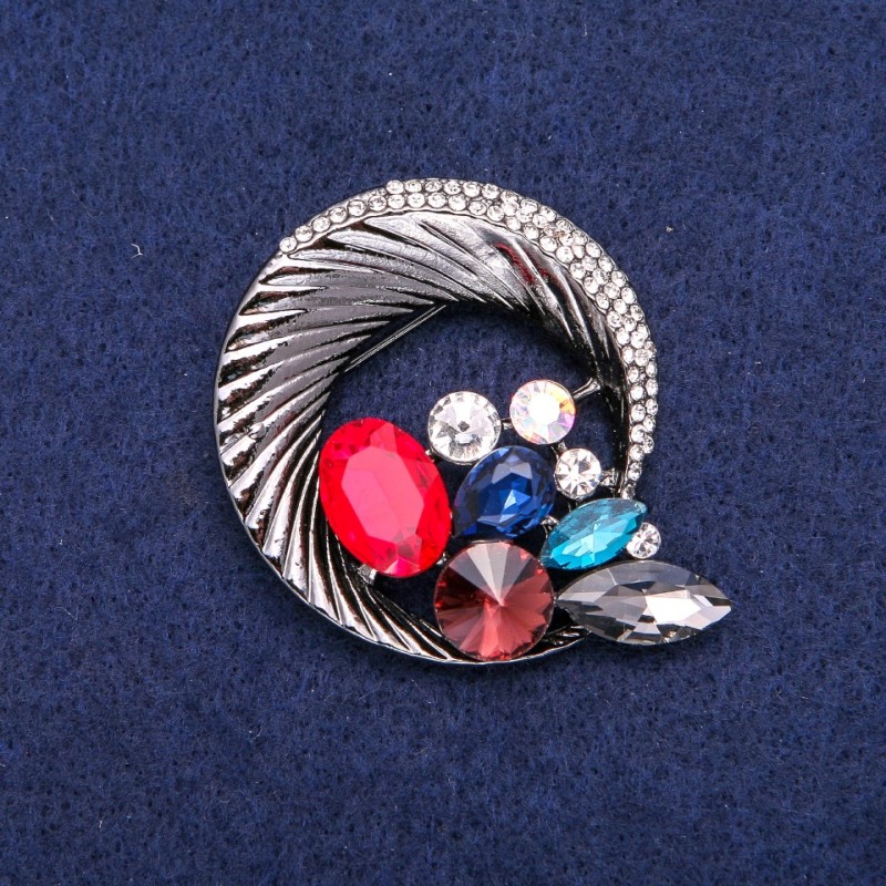Sale! Round "Halo" Brooch with Rhinestones Forming a Beautiful Design, Dark Metal 45x50mm