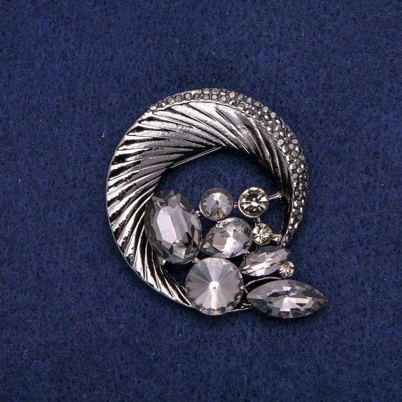 Sale! Round "Halo" Brooch with Rhinestones Forming a Beautiful Design, Dark Metal 45x50mm