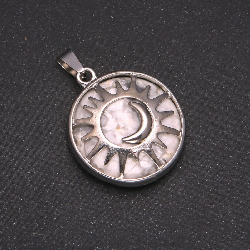 Natural Stone Cacholong Pendant in "Sun" Setting, 27mm Diameter