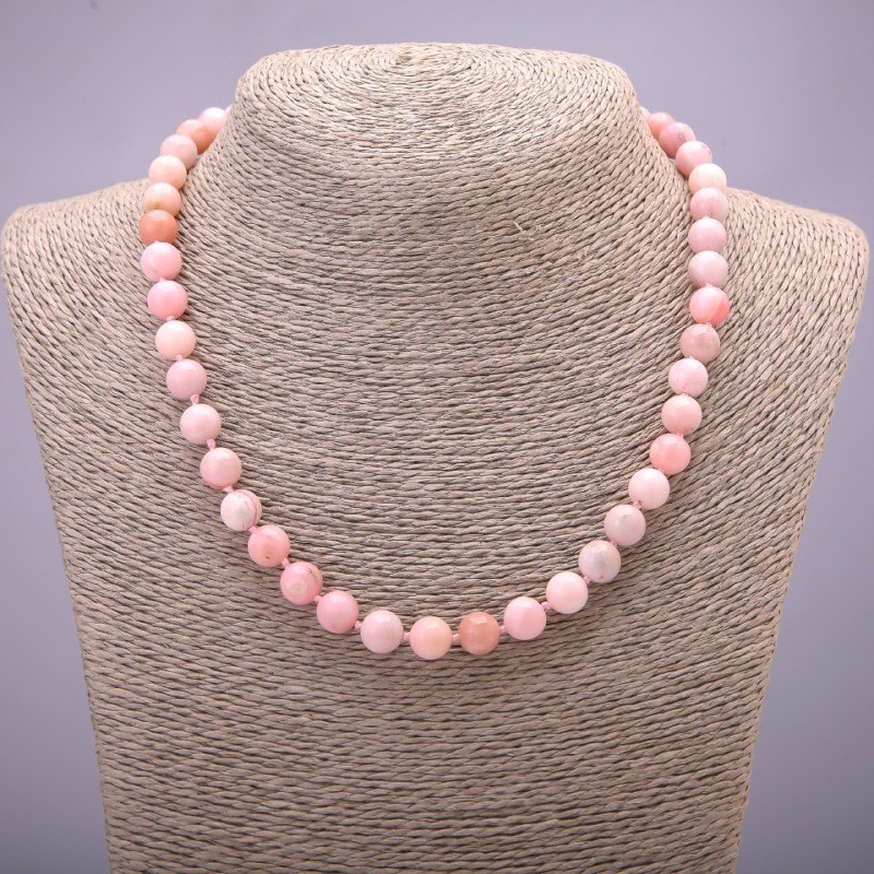 Natural Stone Necklace Pink Opal Smooth Round Bead, Diameter 8(+-)mm, Length 45cm