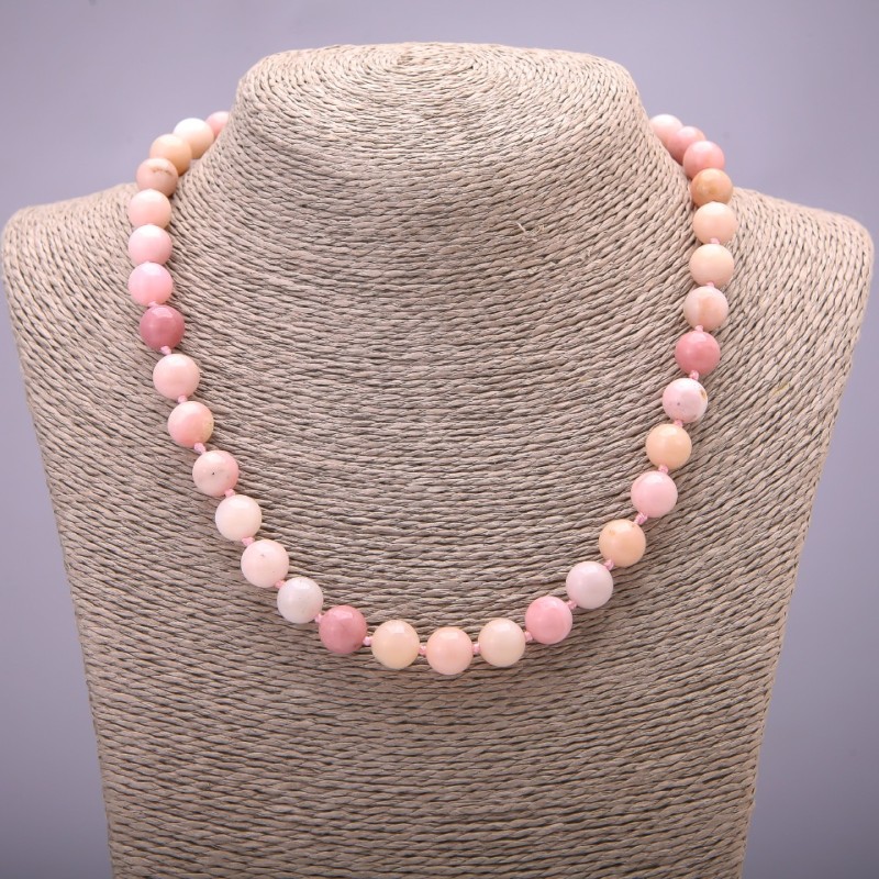 Natural Stone Necklace Pink Opal Smooth Round Bead, Diameter 10(+-)mm, Length 45cm