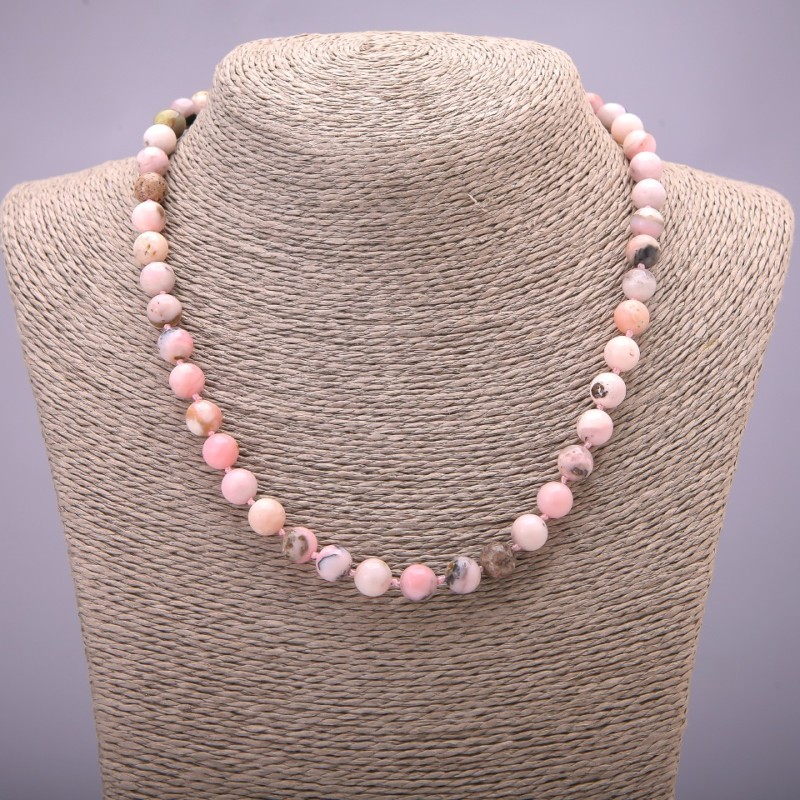 Natural Stone Necklace Pink Opal Smooth Round Bead, Diameter 8(+-)mm, Length 45cm
