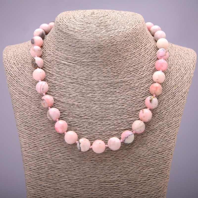 Natural Stone Necklace Pink Opal Smooth Round, Diameter 12(+/-)mm, Length 45cm