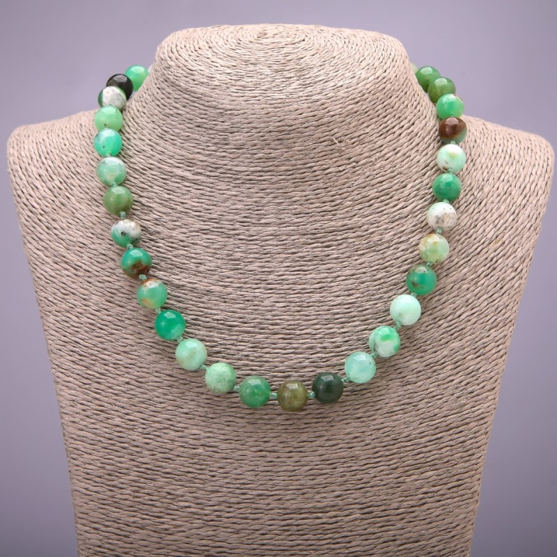Natural Stone Necklace on Strand Chrysoprase Smooth Round, Diameter 10(+/-)mm, Length 45cm