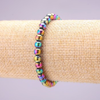 Hematite Bracelet with Petrol-Tone Coating on Elastic, Smooth Ball 6mm, Length 18cm