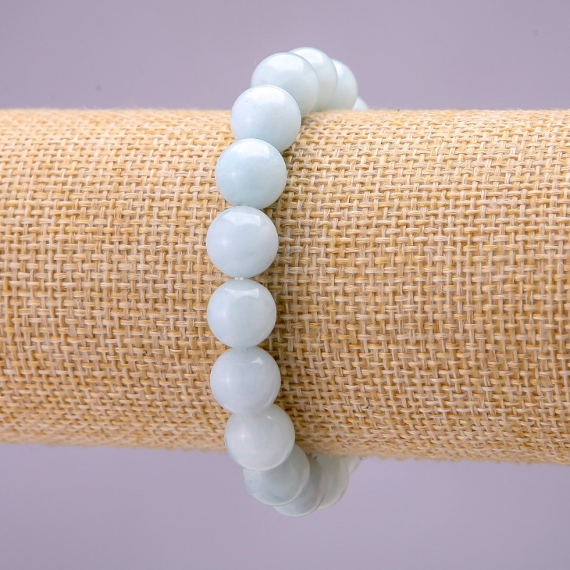 Natural Aquamarine Stone Bracelet, Smooth Round, Diameter 10(+/-)mm on Elastic, Length 18cm