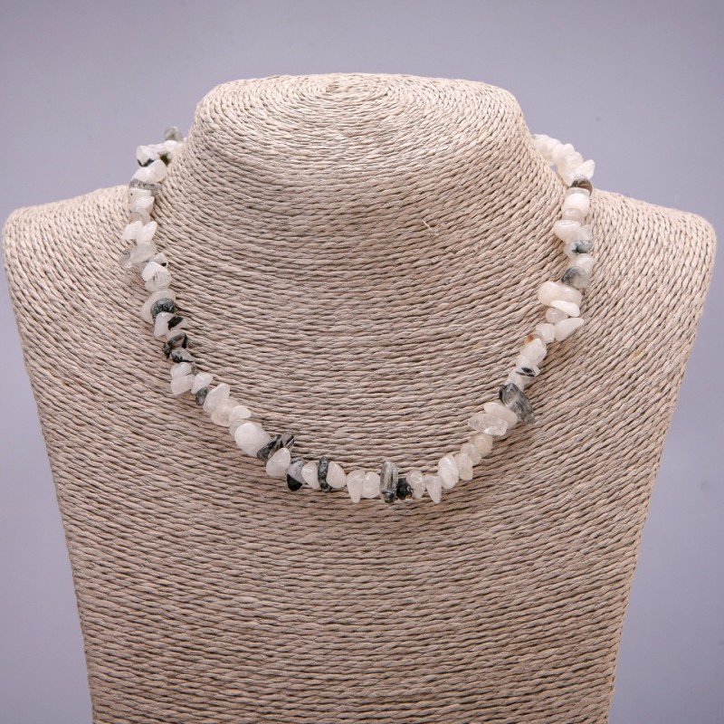 Natural Stone Rutilated Quartz Necklace, chip beads, diameter 7(+-)mm, length 45-50cm with extension chain