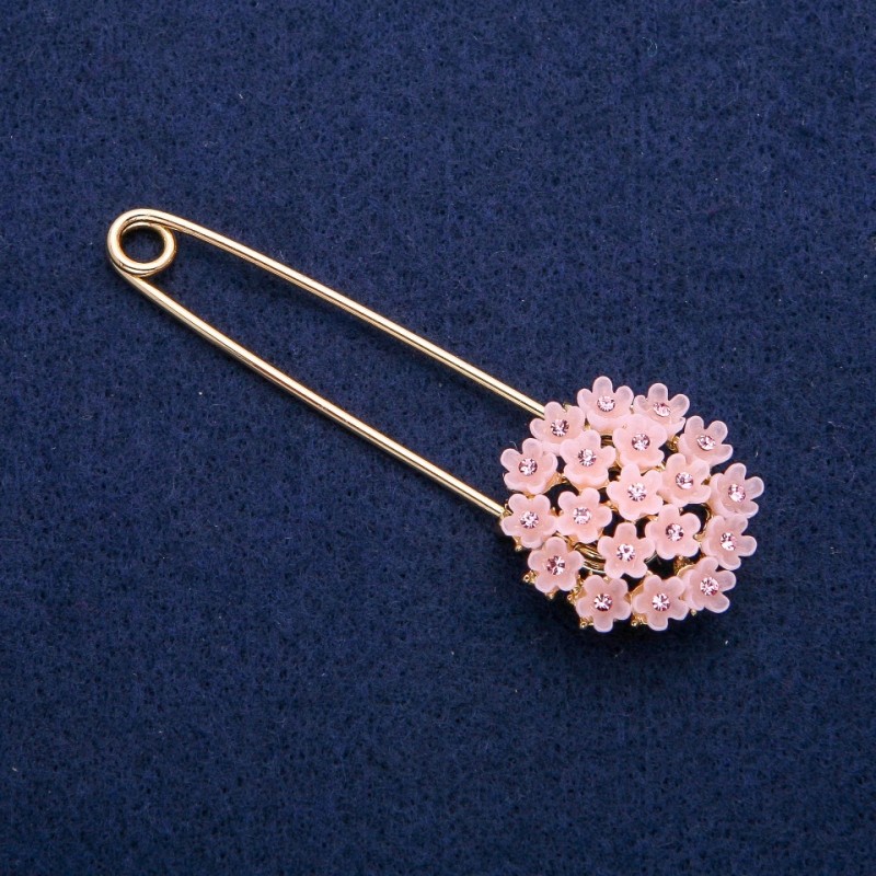 Hydrangea Pin Brooch, Pink with Crystals 29x78mm, Gold-Tone Metal