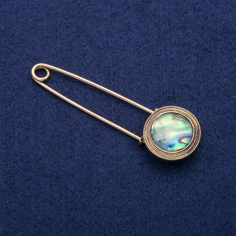 Brooch Pin with Abalone Cabochon 23x75mm, gold-tone metal