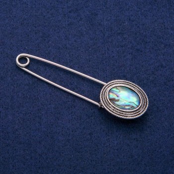 Brooch Pin with Abalone Cabochon 21x78mm, silver-tone metal