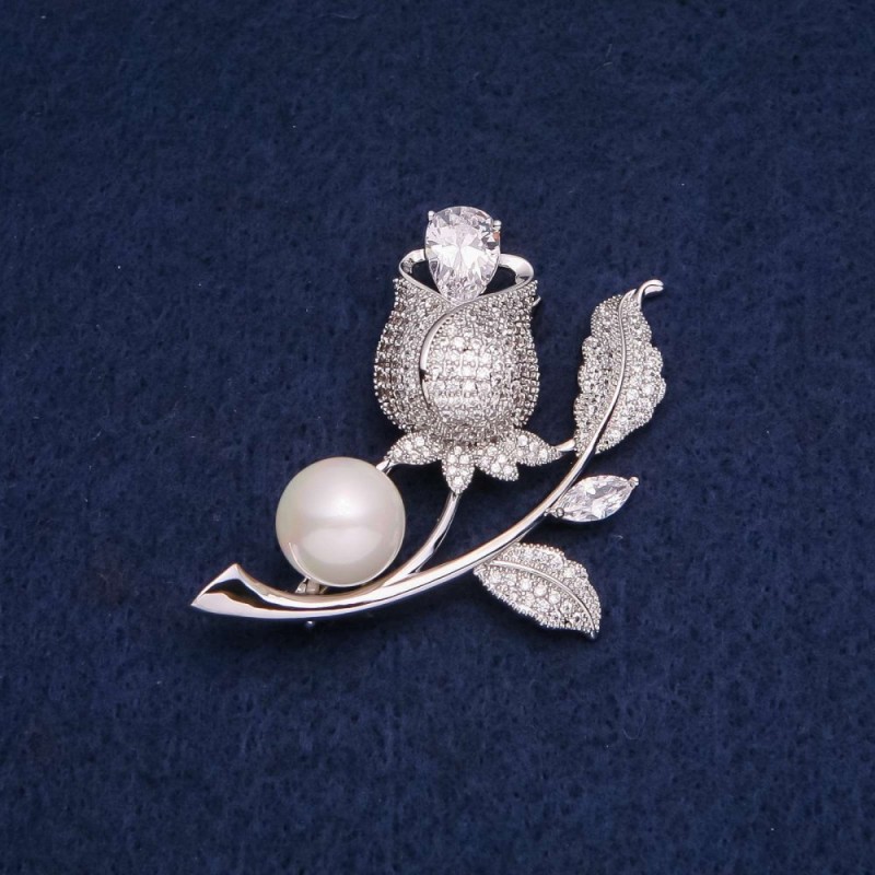 Sale! Rose Brooch with White Crystals and Pearl 47x36mm, silver-tone metal