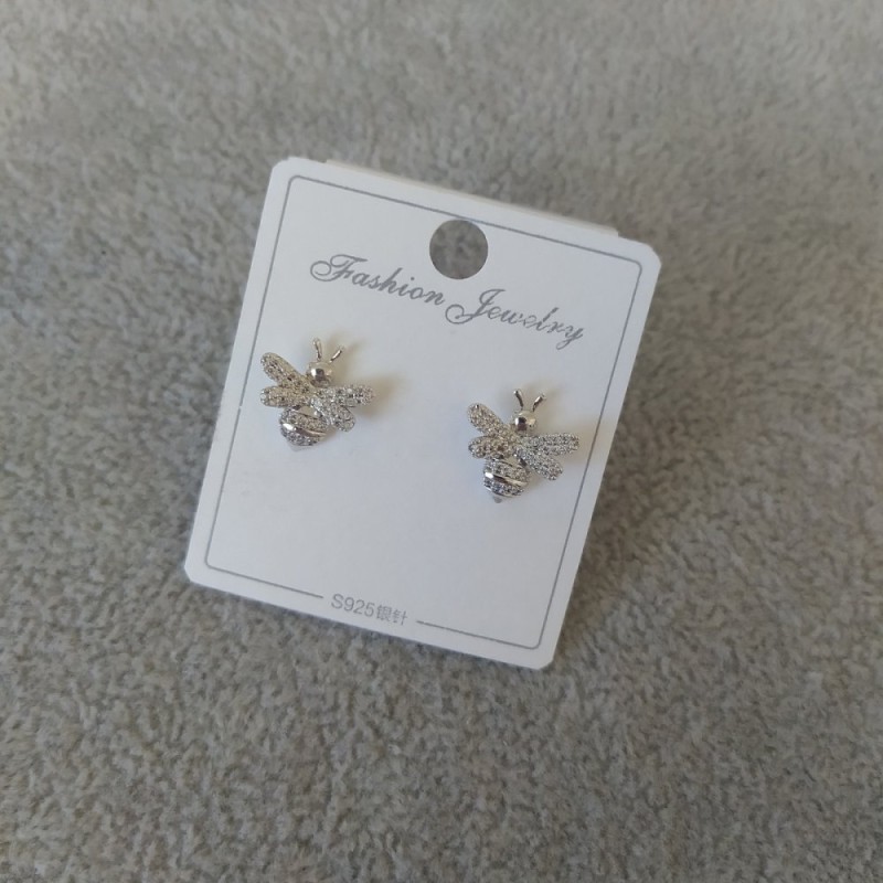 Bee Stud Earrings with White Stones 12mm, 925 Series, Silver Colour