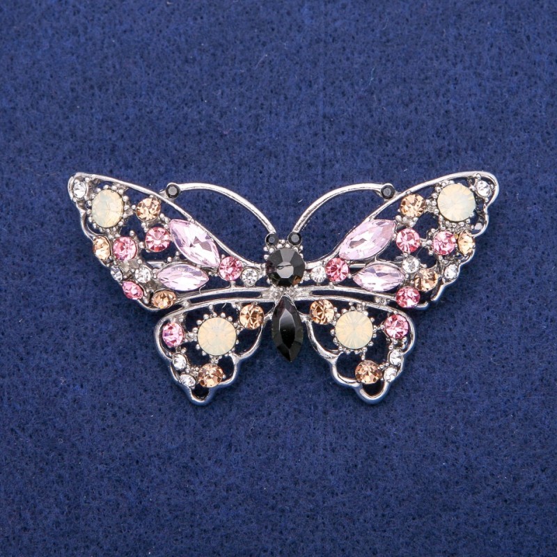 Sale! Butterfly Brooch with Crystals 35x68mm, Silver-Tone Metal