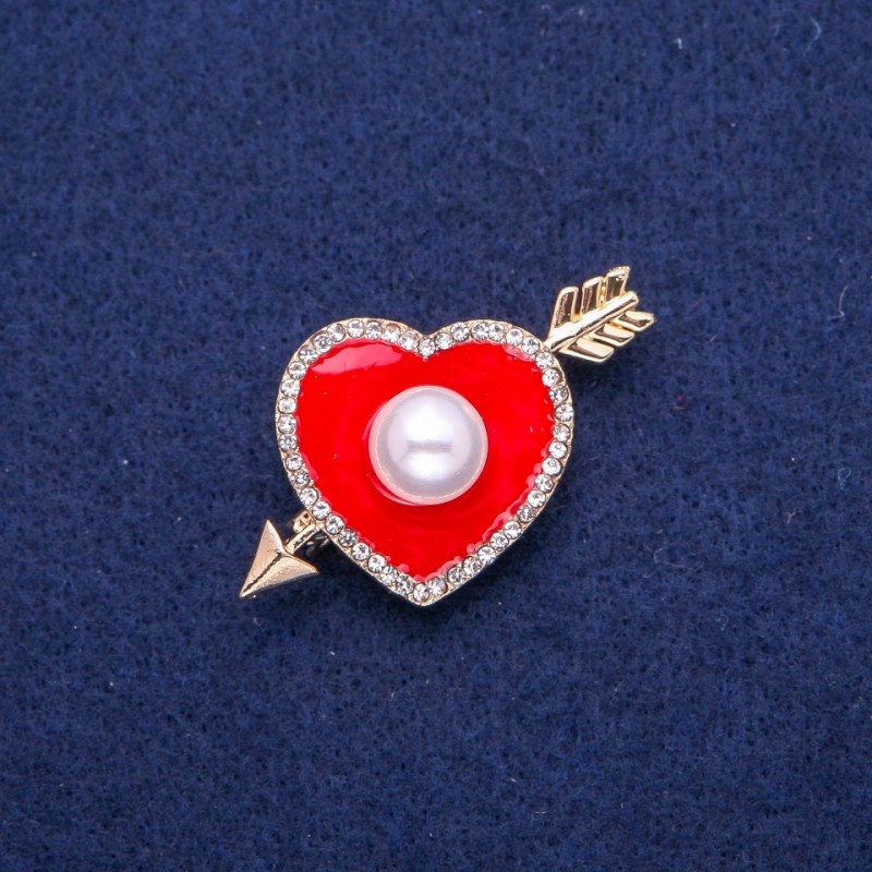 Sale! Heart Brooch with Red Enamel, White Rhinestones and a Bead 25x42mm, Gold-Tone Metal