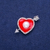 Sale! Heart Brooch with Red Enamel, White Rhinestones and a Bead 25x42mm, Silver-Tone Metal