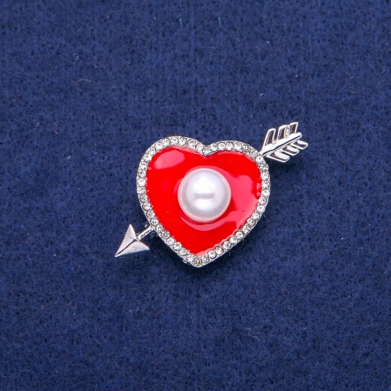 Sale! Heart Brooch with Red Enamel, White Rhinestones and a Bead 25x42mm, Silver-Tone Metal